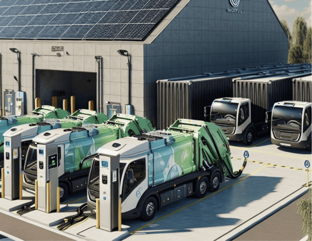 Elektrische vuilniswagens op de gemeentewerf van Dijk en Waard, waar wordt gewerkt aan slim laden binnen de bestaande stroomaansluiting.