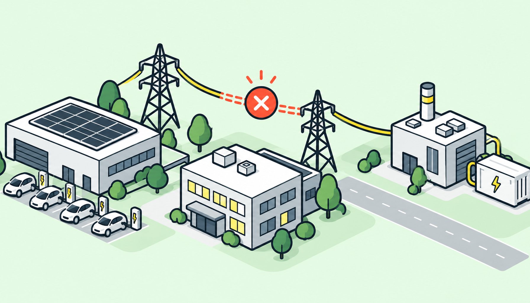 Een moderne bedrijfslocatie bij schemering met elektriciteitsinfrastructuur en een onderstation op de voorgrond, wat netcongestie en energiecapaciteit symboliseert. Zakelijke fotografiestijl met blauwe en amberkleurige tinten.